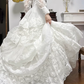 Ivory Vintage Lace Wedding Gown, Stand‑Up Collar With V‑Shape Scalloped Neckline, Long Lace Sleeves, Lace Appliqués Empire Waist, Multi‑Tier Cake‑Layer Lace Skirt With Long Train, Bridal Prom Dress gh8753