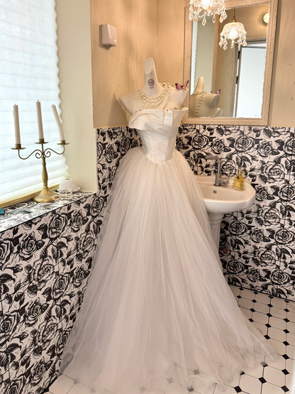 White Satin Strapless Waist-Cinched Full Flared Long Romantic Dress, Wedding Gown gh7495