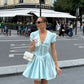 Girlhomeshops - Robe de soirée courte en satin bleu clair à col en V et manches bouffantes, style trapèze, tenue d'anniversaire, gh5289