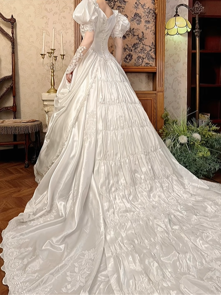 Off‑White Long Puff Sleeve Lace Fitted Waist Figure‑Flattering Full Flared Skirt Long Vintage Prom Gown, Wedding Dress gh8603
