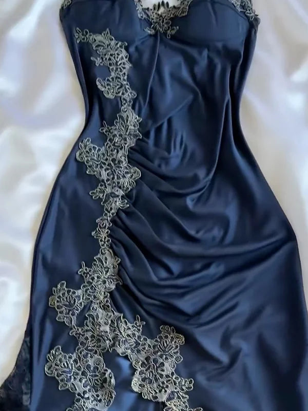 Blue gorgeous exquisite applique lace spaghetti straps long satin prom dress evening dress party dress gh3335