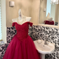 Red Off-the-Shoulder Rhinestone Cinched Waist Voluminous Skirt Long Romantic Dress, Wedding Gown gh7808
