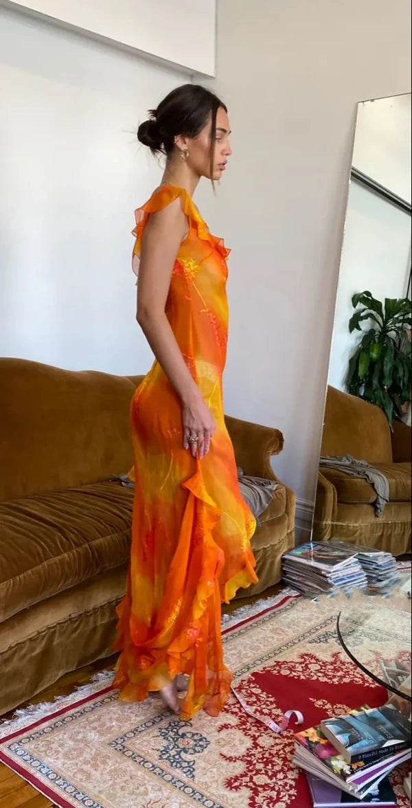 Orange Fashion Gradient Spaghetti Strap Lange Rüschen Elegante Chiffon Ballkleid prom kleid Abendkleid Urlaub Party Kleid gh3319