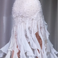 ✨Girlhomeshops-White Spaghetti Strap Cowl Neck Party Dress Lace Beaded Irregular Chiffon Ruffle Hem Evening Gown gh10062