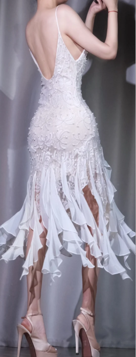 ✨Girlhomeshops-White Spaghetti Strap Cowl Neck Party Dress Lace Beaded Irregular Chiffon Ruffle Hem Evening Gown gh10062