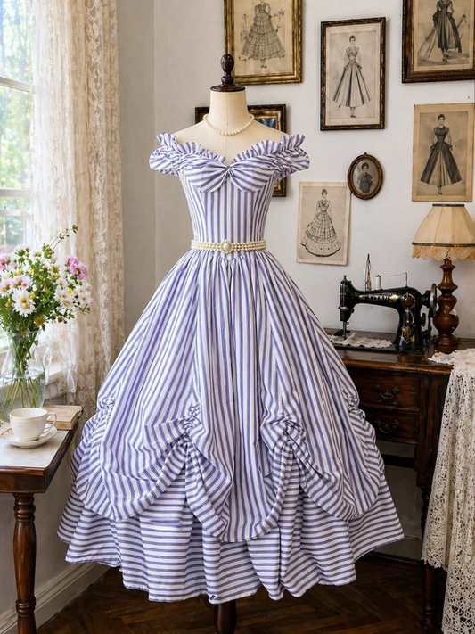 Purple‑White Vertical Stripe Vintage Midi Prom Dress, Off‑The‑Shoulder Ruffle Neck With Front Bow Pearl Decor Waist Belt High Waist Ruched Balloon Swing Skirt Party Gown gh9100