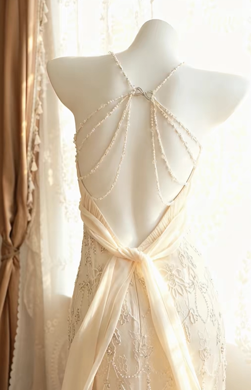 Ivory Lace Long Prom Dress, Spaghetti Straps, V-Neck, Hand-Beaded Tulle Vintage Long Formal Gown gh9570