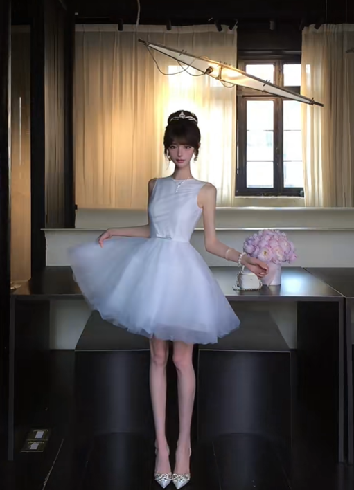Light Blue Sleeveless Tulle Homecoming Dress Round Neck Mini Prom Gown gh9408