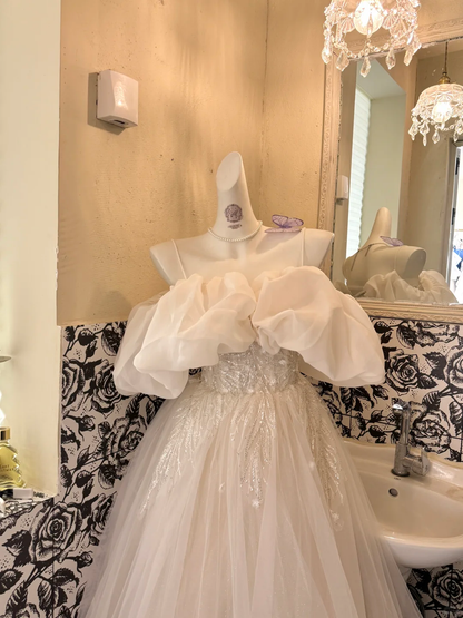 Ivory Spaghetti Strap Off-the-Shoulder Soft Neckline Waist-Cinched Voluminous Skirt Long Romantic Dress, Wedding Gown gh7724