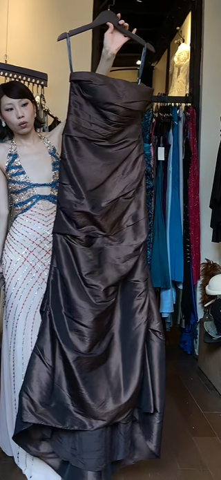 Dark Brown Satin Strapless Evening Gown Ruched Bodice Mermaid Long Formal Prom Dress gh9737
