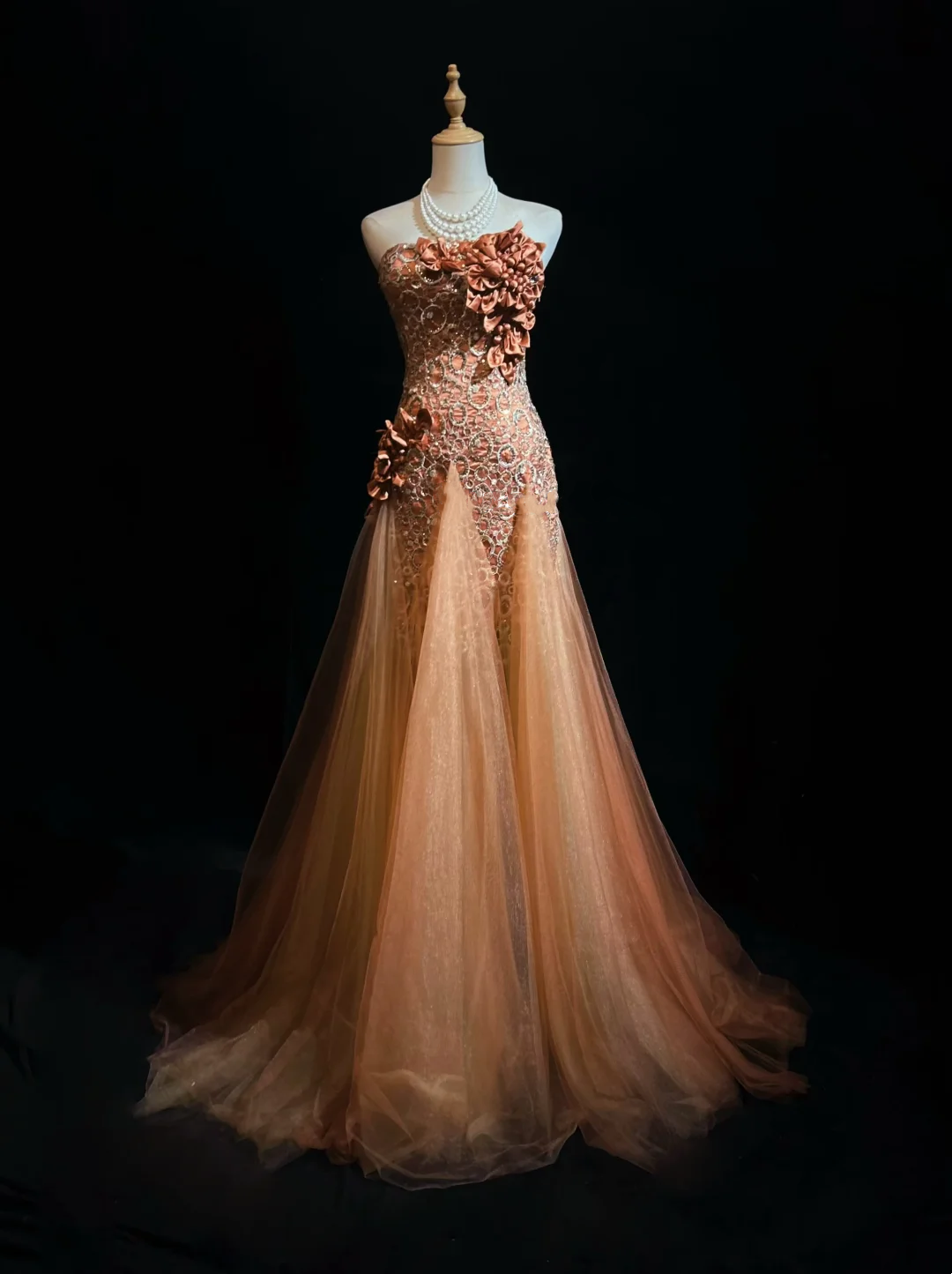✨Girlhomeshops-Strapless Dusty Orange 3D Flower Beaded Tulle Mermaid Evening Gown gh10280