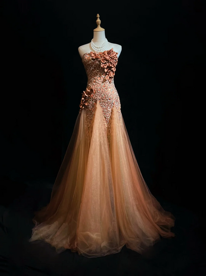 ✨Girlhomeshops-Strapless Dusty Orange 3D Flower Beaded Tulle Mermaid Evening Gown gh10280