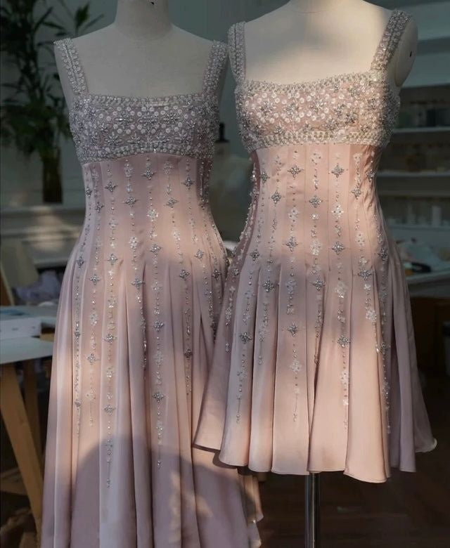 Girlhomeshops - Robe de soirée courte en satin rose, magnifique et exquise, ornée de perles, gh5306