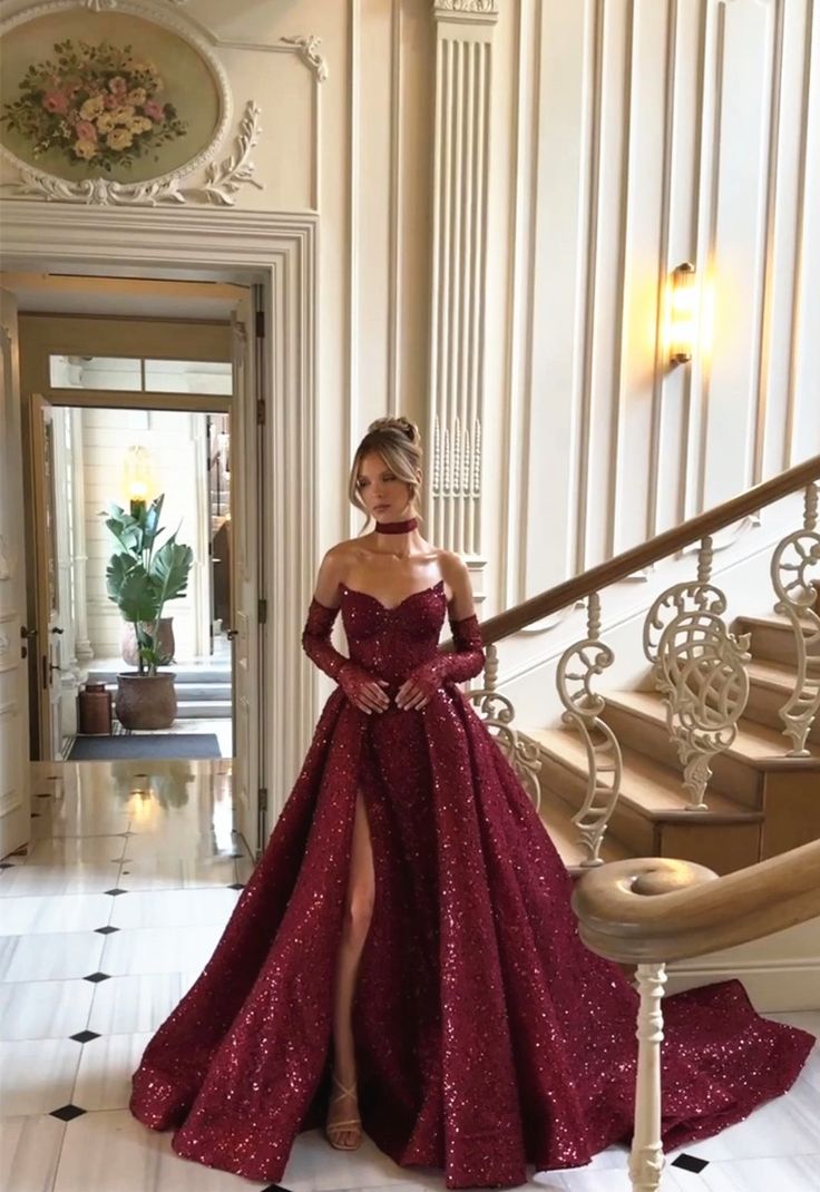 Burgundy shiny sexy Sequins elegant sweetheart neckline Long slit ball – girlhomeshops