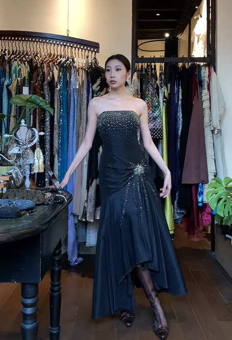 Black Strapless Long Formal Gown Hand Beaded Rhinestone Asymmetrical Mermaid Evening Dress gh9662
