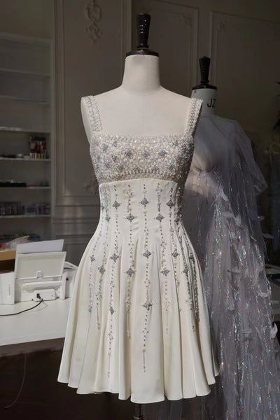 Girlhomeshops - Robe de soirée courte en satin rose, magnifique et exquise, ornée de perles, gh5306