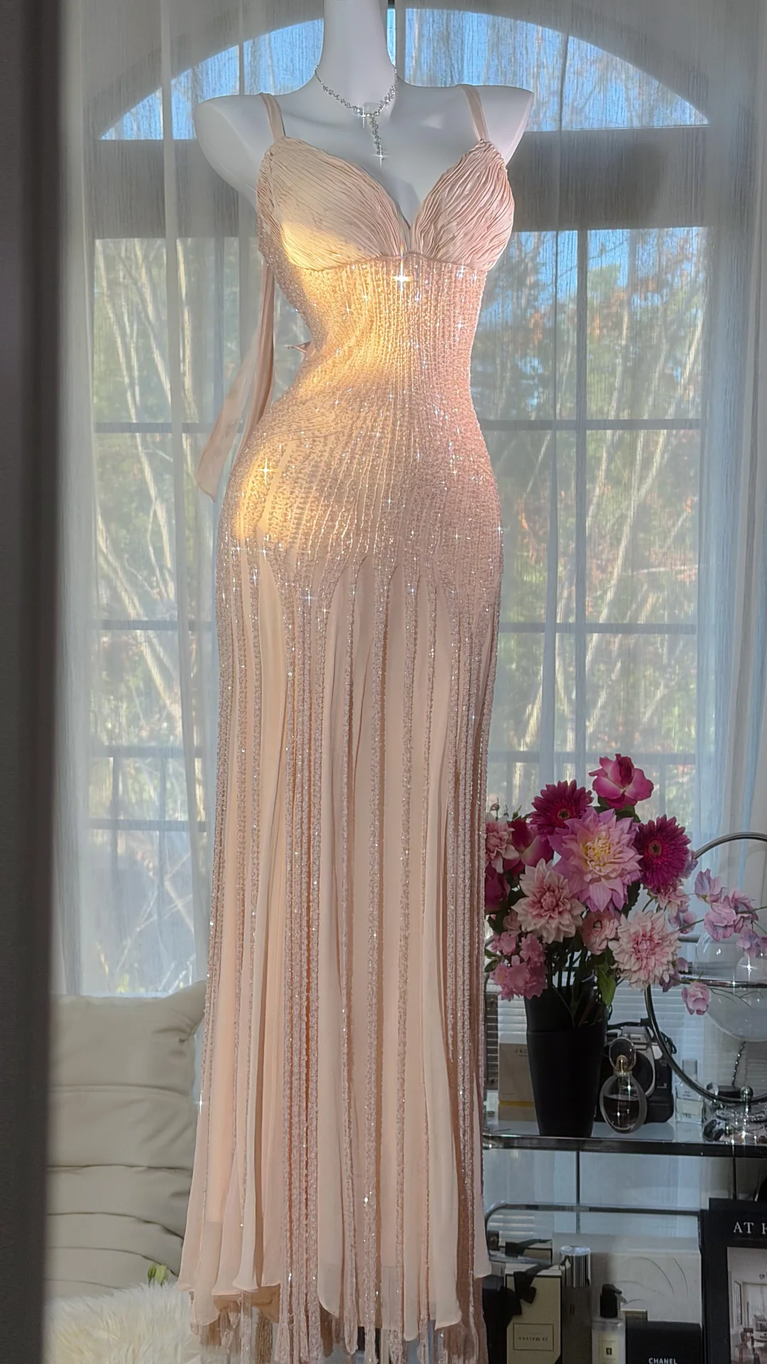 Nude Pink V-Neck Ruched Spaghetti Strap Vertical Fringe Beaded Mermaid Evening Dress, Prom Gown gh9527