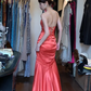 Orange Satin Strapless Sweetheart Evening Gown Hand Beaded Rhinestone High Slit Mermaid Long Prom Dress gh9718