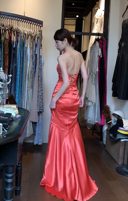 Orange Satin Strapless Sweetheart Evening Gown Hand Beaded Rhinestone High Slit Mermaid Long Prom Dress gh9718