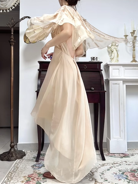 Pale‑Apricot‑Vintage‑Bohemian V‑Neck Batwing‑Flutter‑Sleeve Leaf‑Sequin‑Embroidery High‑Waist High‑Low‑Chiffon Evening Tea‑Party Gown gh8814