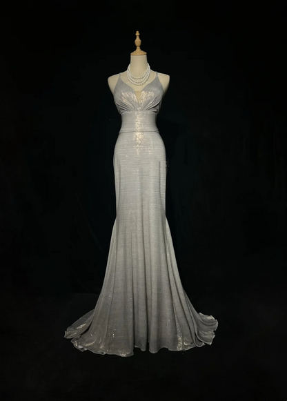 ✨Girlhomeshops-Silver Grey Spaghetti Strap Metallic Mermaid Evening Gown gh10155