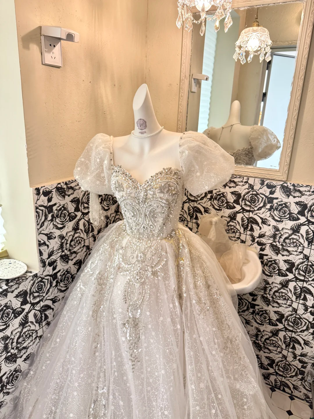 Ivory Puff Sleeve Square Neck Beaded Cinched Waist Voluminous Skirt Long Romantic Dress, Wedding Gown gh7783