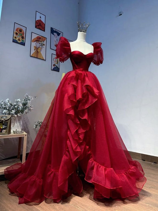 Red Princess Elegant A-line Short Sleeve Long Tulle Party Dress Evening Dress Ball Gown Wedding Dress gh4198