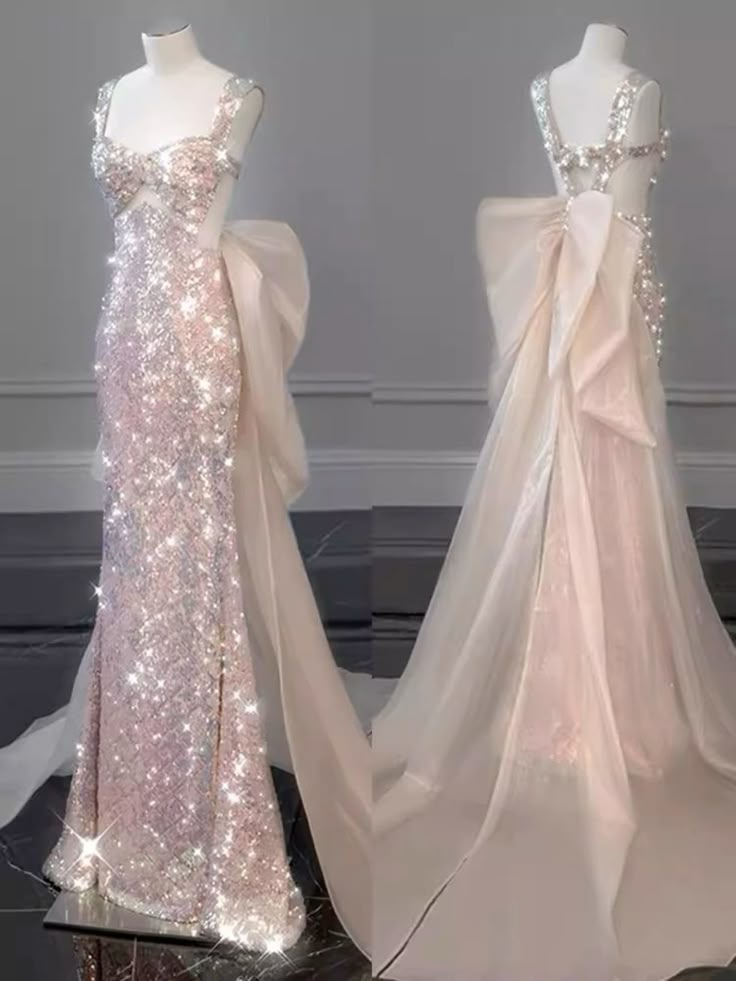 Rosa, wunderschönes, funkelndes, hübsches Meerjungfrau-Ballkleid mit abnehmbarer Schleife, lang, elegant, mit Pailletten, formelles Ballkleid, Abendkleid, Partykleid, gh3544