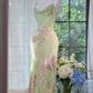 Mint Green Cowl Neck Floral Print Spaghetti Strap Mermaid Dress, Slit Chiffon Long Evening Gown, Romantic Garden Party Formal Dress gh9498