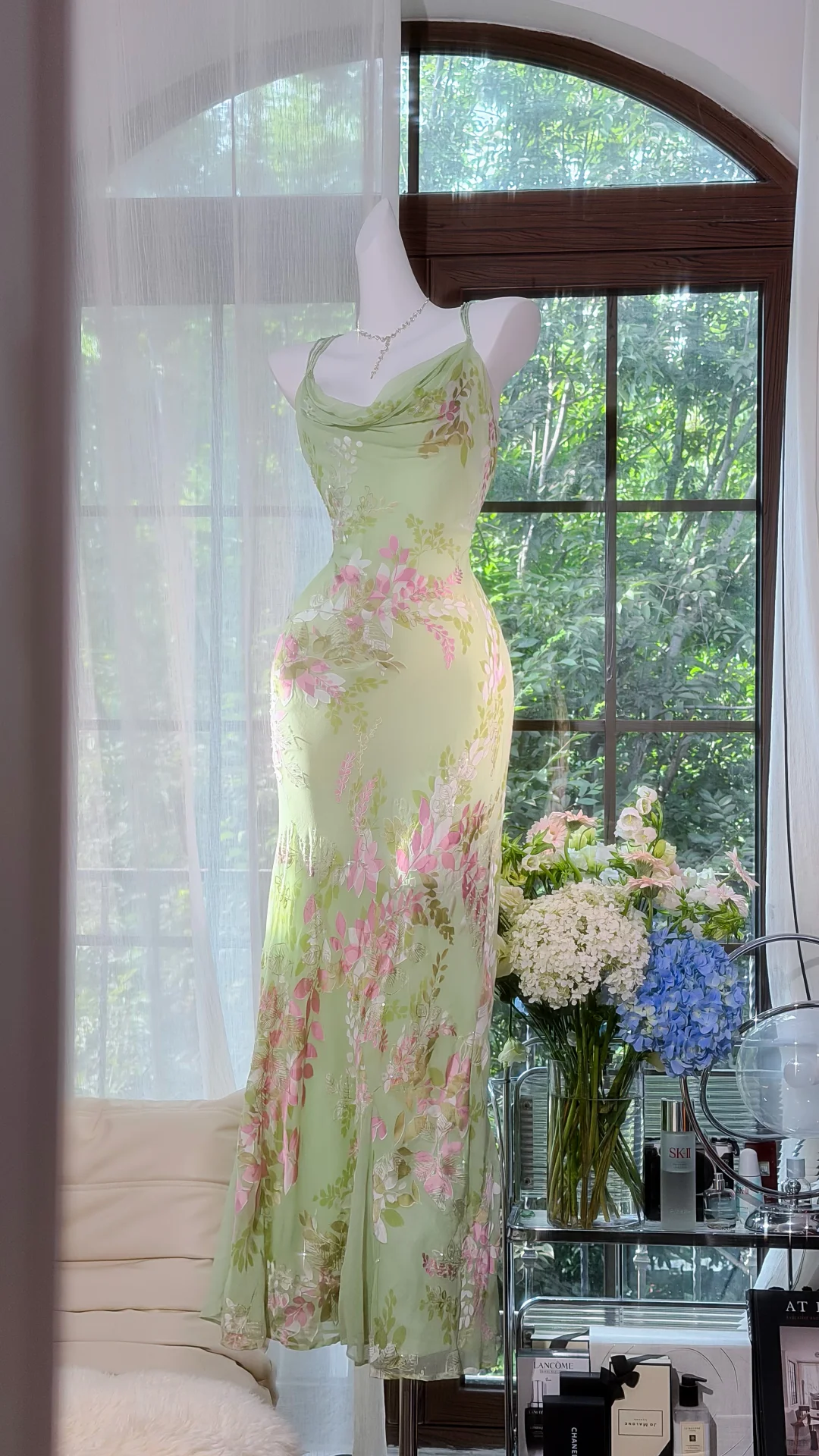 Mint Green Cowl Neck Floral Print Spaghetti Strap Mermaid Dress, Slit Chiffon Long Evening Gown, Romantic Garden Party Formal Dress gh9498