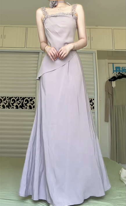 Lavender Satin Spaghetti Strap Long Evening Gown, Lace Embroidered Square Neck Draped A‑Line Formal Prom Dress gh8968