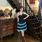 Halter V Neck Black Cocktail Dress, Tiered Skirt with Turquoise Lace Ruffle Vintage Short Formal Gown gh9881