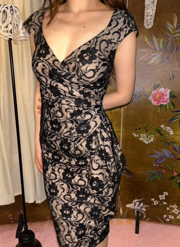Light Brown Base Sexy Vintage Black Floral Pattern V-neck Fitted Waist Slim Prom & Evening Party Dress gh8430