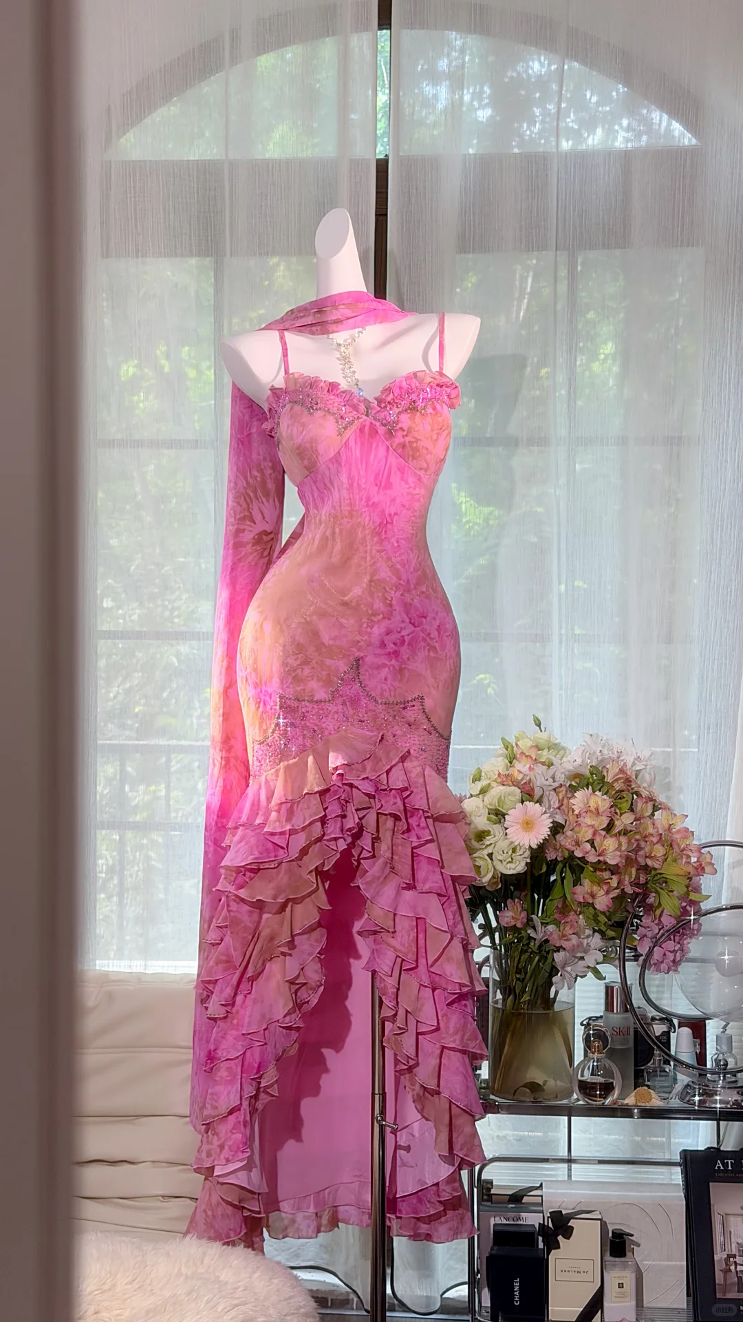 Pink Tie Dye Spaghetti Strap Mermaid Prom Dress, Ruffled Slit Skirt with Rhinestones, Matching Chiffon Shawl Evening Gown gh9499