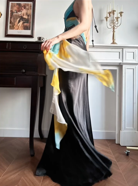 Black‑Satin Halter‑V‑Neck Ombre‑Chiffon Butterfly‑Beaded‑Applique Mermaid Floor‑Length Vintage Evening Prom Gown gh8796