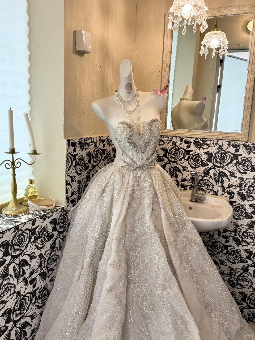 Ivory Strapless Waist-Cinched Beaded Full Flared Long Vintage Romantic Dress, Wedding Gown gh7583