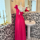 Magenta One-Shoulder Floral Design High Waist Slimming Romantic Dress, Wedding Gown gh7588