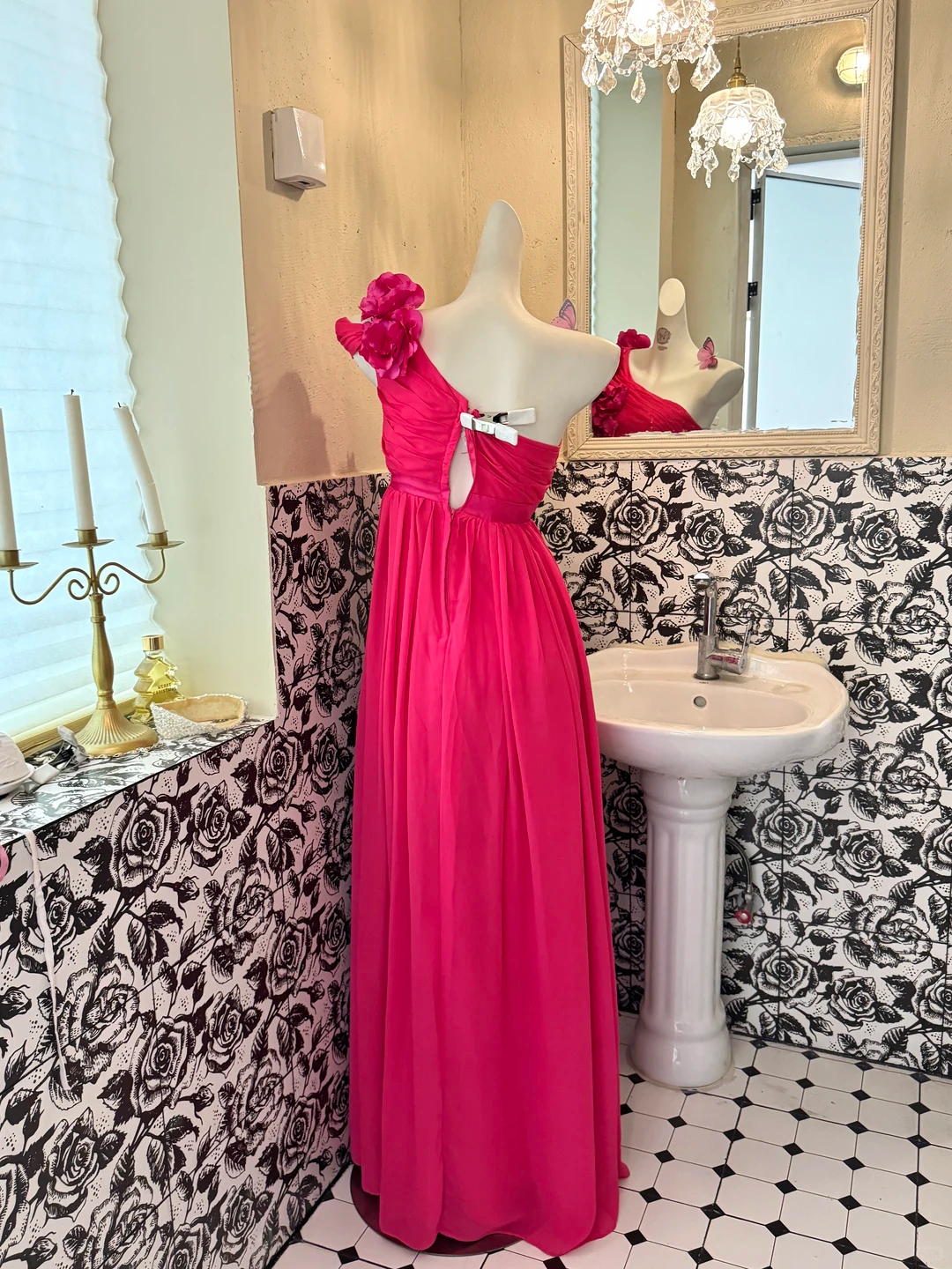 Magenta One-Shoulder Floral Design High Waist Slimming Romantic Dress, Wedding Gown gh7588