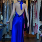 Halter V Neck Royal Blue Satin Evening Gown Twist Front A-Line Long Prom Dress With Pockets gh9687