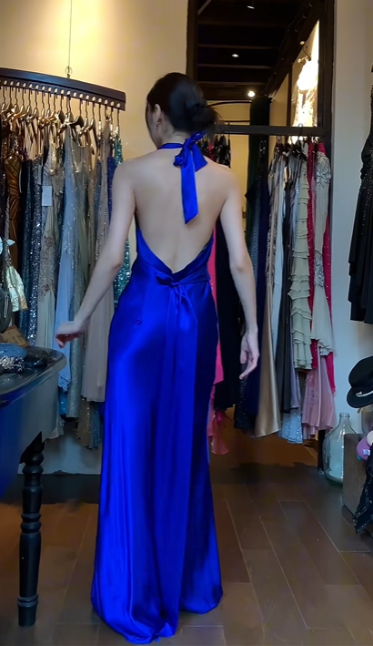 Halter V Neck Royal Blue Satin Evening Gown Twist Front A-Line Long Prom Dress With Pockets gh9687