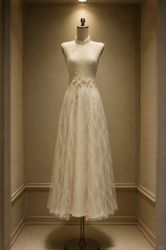 ✨Girlhomeshops-Chinese Qipao Bridal Gown, Sparkly Feather Tulle Long Evening Dress gh10355