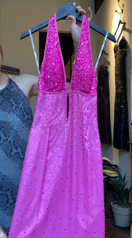 Hot Pink Halter Prom Dress Deep V Neck All Over Beaded Sequin Long Formal Evening Gown gh9840