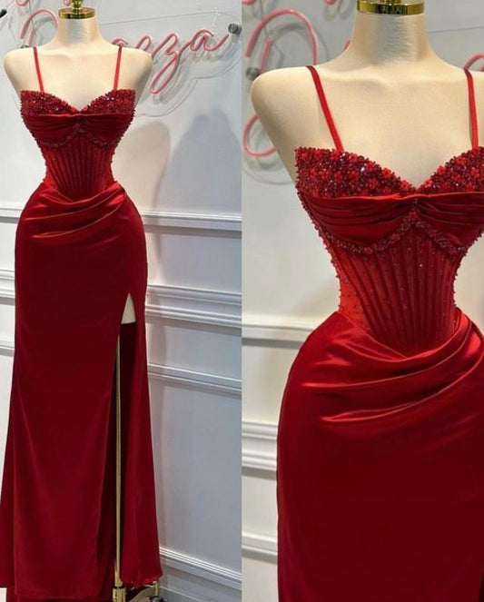 Rot Mode Elegant Exquisite Perlen Spaghetti-trägern Lange Sexy Schlitz Satin Ballkleid Abendkleid Party Kleid gh3424