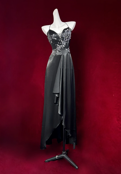 ✨Girlhomeshops-Black Spaghetti Strap Sequin Floral Gown Asymmetrical Ruffle Hem gh10146