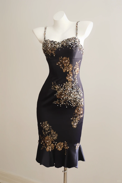 Women Vintage Midi Mermaid Formal Dress Spaghetti Straps Sweetheart Neck Navy Satin Heavy Rhinestone Gold Lace Floral Appliqué Evening Gown gh9591