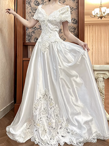 White Vintage Satin A‑Line Wedding Prom Dress, Off‑the‑Shoulder V‑Neck Cape Sleeves, Lace Beaded Bodice, Lace Appliqués Long Train gh8712