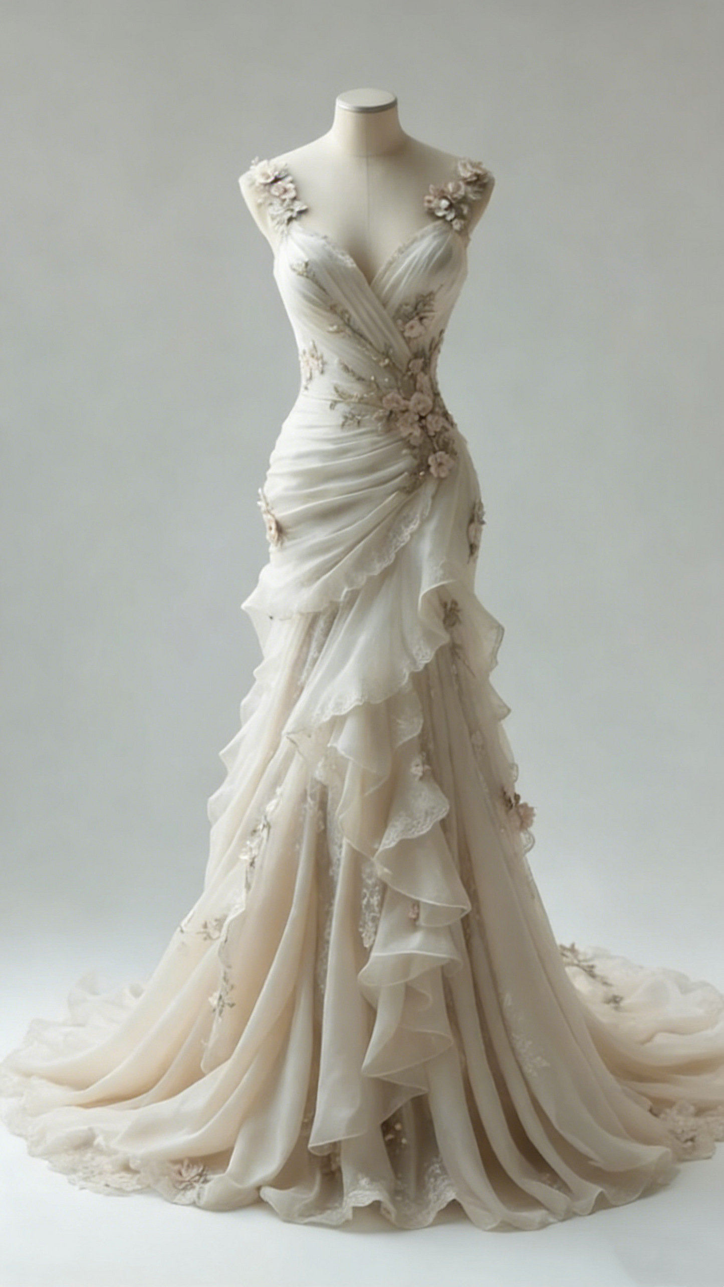 Ivory Vintage Floral Long Tulle Ball Gown Wedding Dress gh4955