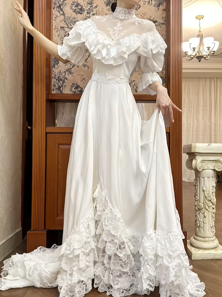 Ivory Vintage Victorian Wedding Gown, Lace High Neck Off‑the‑Shoulder Ruffle Puff Mid‑Sleeves, Lace Fitted Waist, Multi‑Tiered Ruffled Lace Hem Long Train, Bridal Prom Dress gh8719