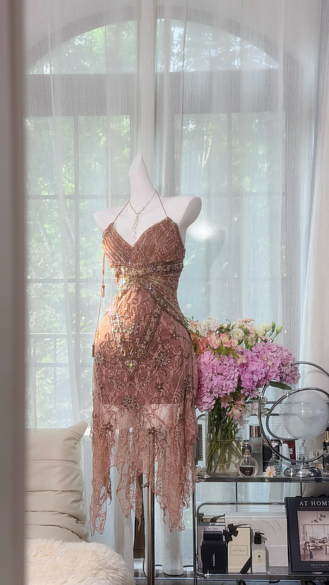 Dusty Rose Halter Lace Beaded Short Evening Dress, V Neck Irregular Fringe Hem Cocktail Gown, Sparkly Party Homecoming Dress gh9497