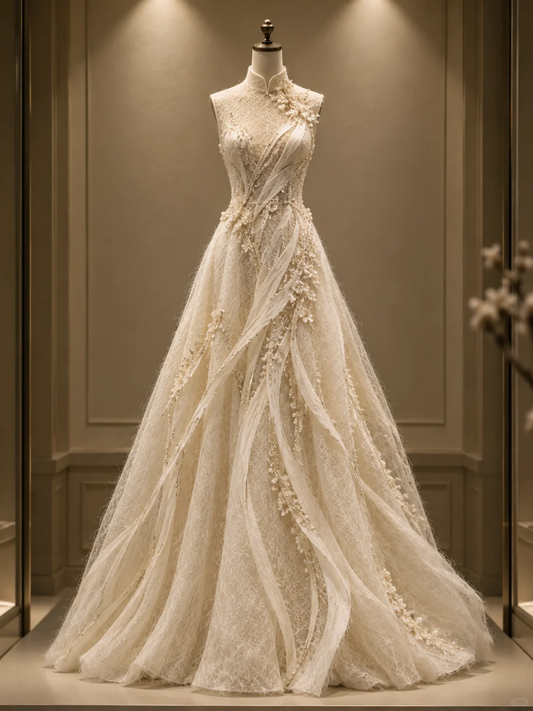 ✨Girlhomeshops-New Chinese Qipao Lace Wedding Gown, Sleeveless A-Line 3D Floral Bridal Dress gh10338
